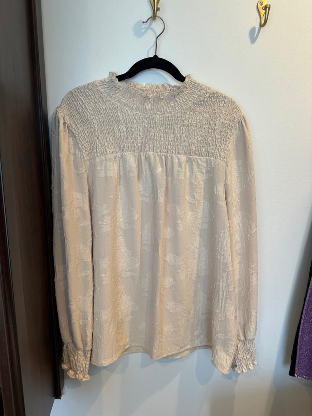 Source Unknown Cream Smocked Yoke Long Sleeve Blouse